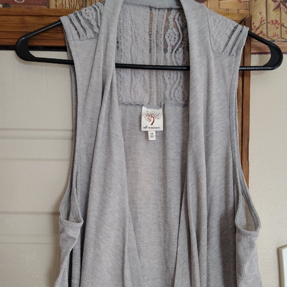 Gray Sleeveless Cardigan with Lace Detail